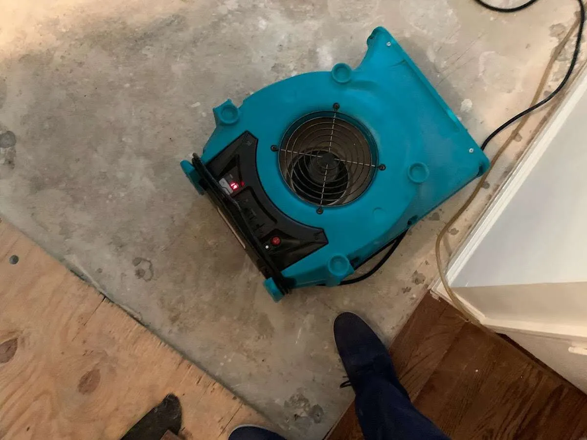 Air mover drying subfloor during Commercial Water Damage Restoration in North Huntingdon